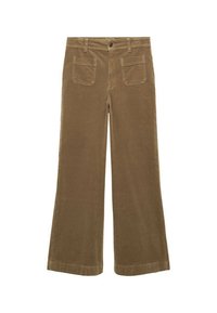 Bruine corduroy wijde broek met een vlakke voorkant, twee achterzakken en een knoopsluiting. Textiel met structuur en omgezoomde manchetten.