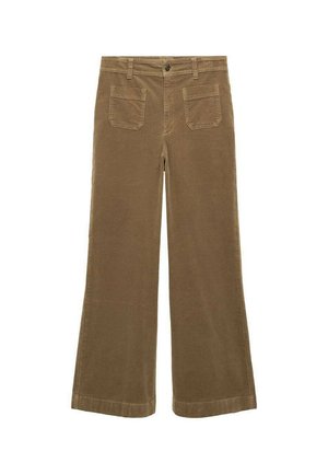 Bruine corduroy wijde broek met een vlakke voorkant, twee achterzakken en een knoopsluiting. Textiel met structuur en omgezoomde manchetten.