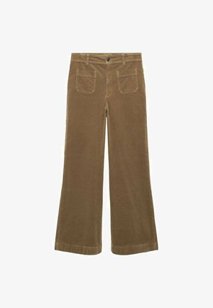 Hnědé manšestrové široké kalhoty s plochým předním dílem, dvěma zadními kapsami a zapínáním na knoflík. Texturovaná látka a zahnouté manžety.