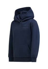 Dunkelblaue Hoodie aus weichem Stoff, mit einer großen Fronttasche, gerippten Bündchen und einer Kapuze mit Kordelzug. Gesticktes Logo auf der Brust.
