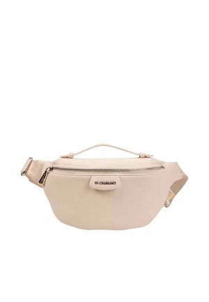 Sac banane en cuir beige avec fermeture éclair centrale, petite poignée supérieure, sangle ajustable et nom de la marque sur la languette avant.