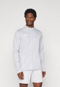 Αθλητικό μπουφάν με φερμουάρ σε ανοιχτό γκρι χρώμα, με ψηλό γιακά, μακριά μανίκια και λευκό λογότυπο της μάρκας στο αριστερό στήθος. Μαλακό, λείο ύφασμα.