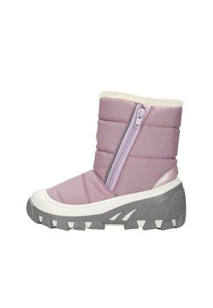 Roze geïsoleerde enkelboot met een ritssluiting, nepbontvoering, rubberen zool en gestructureerde grijze buitenzool. Bevat gestikt detail op de stof.