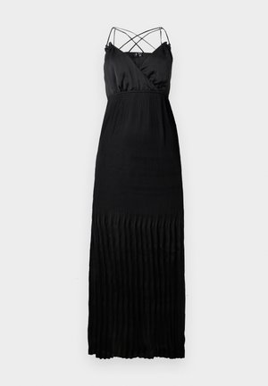 Zwarte maxi-jurk met geplooide textuur. Heeft een diepe V-halslijn en gekruiste spaghetti-bandjes. Soepele zijdeachtige stof met een vloeiende uitstraling.
