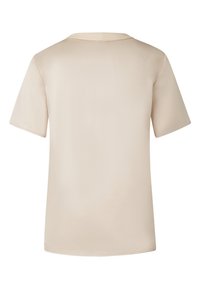 Roomkleurig T-shirt met korte mouwen, een gladde textuur en een ronde halslijn. Eenvoudig, onversierd ontwerp met een rechte pasvorm en geen zichtbare hardware.