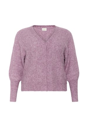 Pull en maille mauve doux avec de longs poignets côtelés, encolure en V et coupe décontractée, présenté sur un fond blanc.