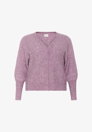 Weicher mauvefarbener Strickpullover mit langen gerippten Bündchen, V-Ausschnitt und lässiger Passform, vor weißem Hintergrund präsentiert.