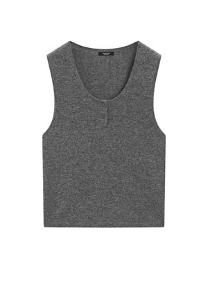 Top senza maniche grigio realizzato in un tessuto morbido, con scollatura rotonda e dettagli con due bottoni sul davanti. Design semplice e pulito.