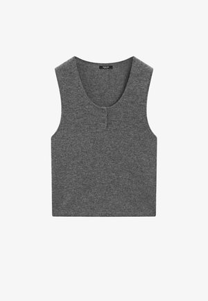 Šedý bezrukávový top vyrobený z měkké látky, s kulatým výstřihem a dvěma knoflíky na přední straně. Jednoduchý a čistý design.