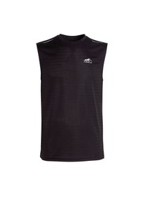 Schwarzes ärmelloses Sportshirt mit Rundhalsausschnitt, strukturiertem Stoff, reflektierenden Akzenten an den Schultern und einem kleinen weißen Berg-Logo.