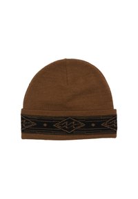 Brun strikket hue med et sort mønstret bånd med geometriske designs. Stoffet er blødt, med en glat tekstur og en tætsiddende pasform.