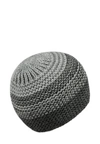 Knitted beanie in shades of gray, rounded top with textured pattern, featuring a gradient from light to dark gray.