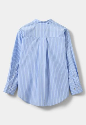 Camicia a maniche lunghe azzurro chiaro con righe verticali bianche, dettaglio piega sul retro, orlo arrotondato e polsini con bottone. Tessuto dalla texture liscia.