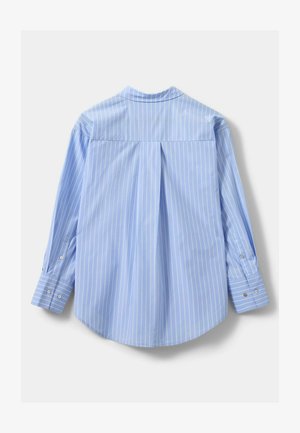 Camicia a maniche lunghe azzurro chiaro con righe verticali bianche, dettaglio piega sul retro, orlo arrotondato e polsini con bottone. Tessuto dalla texture liscia.