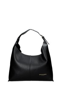 Borsa hobo in pelle nera con una forma morbida, tracolla regolabile e branding in rilievo dorato. Esterno texturizzato con una finitura liscia.