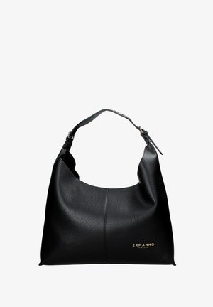 Borsa hobo in pelle nera con una forma morbida, tracolla regolabile e branding in rilievo dorato. Esterno texturizzato con una finitura liscia.