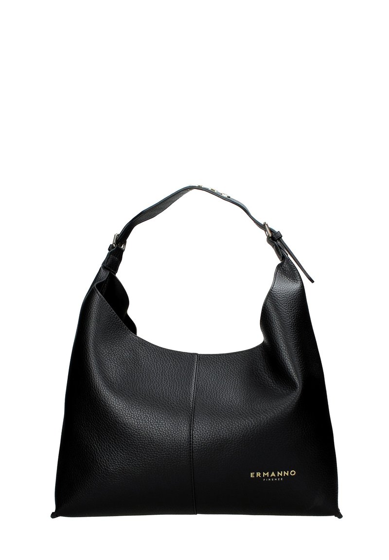 Borsa hobo in pelle nera con una forma morbida, tracolla regolabile e branding in rilievo dorato. Esterno texturizzato con una finitura liscia.