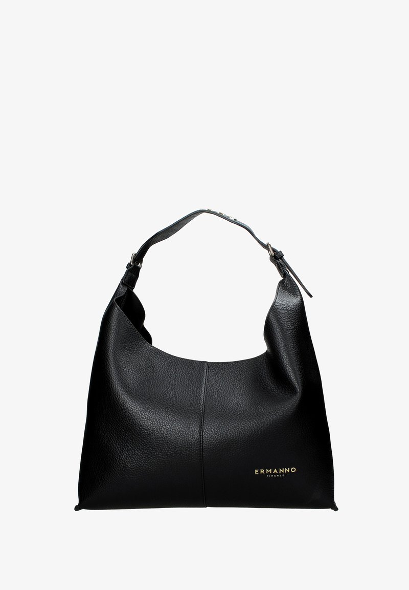 Borsa hobo in pelle nera con una forma morbida, tracolla regolabile e branding in rilievo dorato. Esterno texturizzato con una finitura liscia.