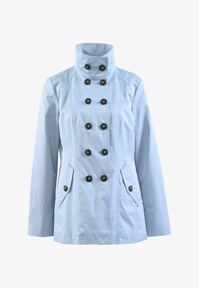 Light blue double-breasted jacket with a high collar, featuring six black buttons, two side pockets, and a smooth, textured fabric.