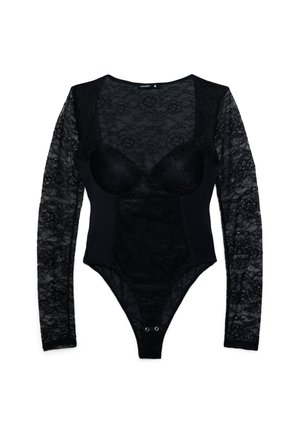 Body in pizzo nero con maniche lunghe trasparenti a motivo floreale, coppe del reggiseno integrate, chiusura a scatto all'altezza dell'incavo e scollo quadrato.