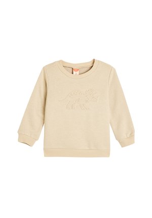 Sudadera de color beige claro hecha de una tela suave, con un diseño texturizado de dinosaurio en el frente, puños y dobladillo acanalados.