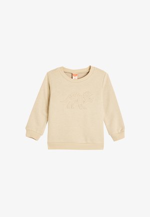 Lysbeige sweatshirt lavet af blødt stof, med et struktureret dinosaurdesign på forsiden, ribbede manchetter og kant.