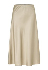 Beige satiini midi-hame, jossa on joustava vyötärö, sileä pinta ja flare-malli, joka ulottuu keskipolvista alas.