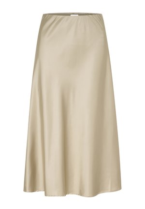 Gonna midi in satin beige con un elastico in vita, dalla texture liscia e un design svasato che si estende fino a metà polpaccio.