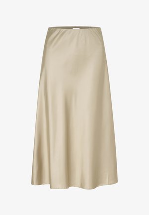 Fustă midi din satin bej, cu un talie elastică, textură netedă și un design evazat care se extinde până la jumătatea gambei.