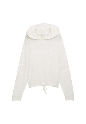 Vit långärmad hoodie med dragsko i nederkant, som har ett mjukt, texturerat tyg och en rund, lager-på-lager huva.