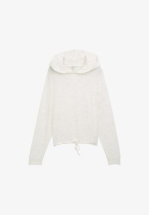 Vit långärmad hoodie med dragsko i nederkant, som har ett mjukt, texturerat tyg och en rund, lager-på-lager huva.