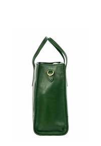Sac à main en cuir vert de forme rectangulaire, avec une texture lisse et un accent en matériel doré. Doté d'une seule anse pour le porter.