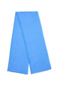 Écharpe bleue en tissu doux, arborant un design uni avec des bords frangés. Le matériau semble léger et a une texture lisse.