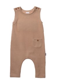 Beige sleeveless overall made of ribbed fabric, featuring two button closures, a front pocket, and rounded leg openings.