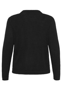 Cardigan noir en maille avec un motif texturé, des manches longues et un col rond. Le dos est uni avec un ourlet droit.
