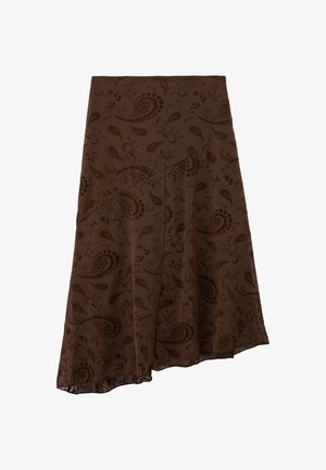 Brun knælængde nederdel med asymmetrisk kant og mørke paisley- og blomsterprint på let stof.