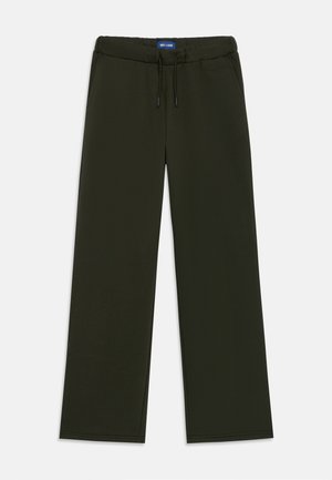 Dark green sweatpants made of soft fabric, featuring an elastic waistband with drawstring and side pockets, in a relaxed fit.