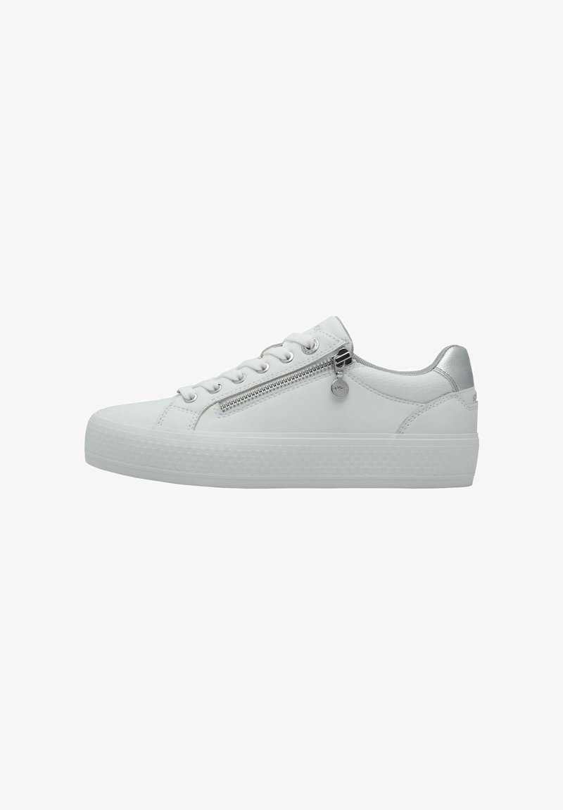 White lace-up sneaker with a textured rubber sole, silver accents, and a side zipper detail. Smooth leather upper and rounded toe.