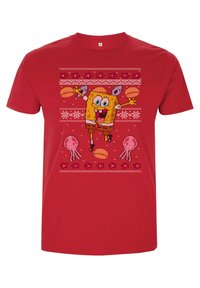Červené bavlněné tričko s barevným grafickým motivem SpongeBoba SquarePants s medúzami a svátečními vzory v pixel art stylu.