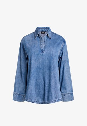Camicia in denim azzurro chiaro con colletto, mezza patta, maniche lunghe e dettagli di cuciture visibili. Design classico a vestibilità rilassata.