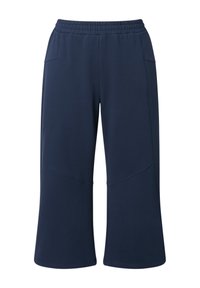 Marinblå vida byxor med elastisk midja och sidofickor, med sömdetaljer framtill och en avslappnad passform.
