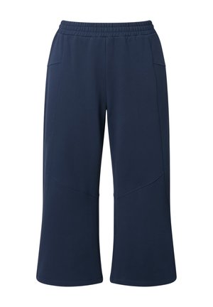 Hoch taillierte, marineblaue Hose mit weitem Bein, elastischem Bund und seitlichen Taschen. Sie hat Nahtdetails vorne und eine lockere Passform.