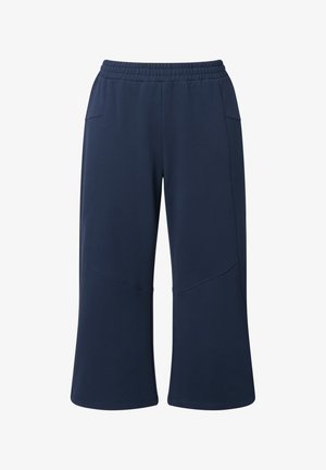 Pantaloni a gamba larga blu navy con cintura elastica e tasche laterali, caratterizzati da dettagli cuciti sul davanti e una vestibilità comoda.