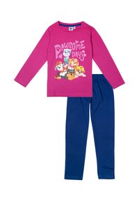 Maglione rosa a maniche lunghe con grafica "Giorni Pawsome" che presenta animali dei cartoni animati; abbinato a leggings con elastico in vita blu. Materiale in cotone morbido.