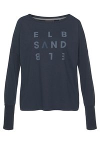 Navy long-sleeve shirt made of soft fabric featuring large, printed letters in light gray. Slightly wide neckline and ribbed cuffs.