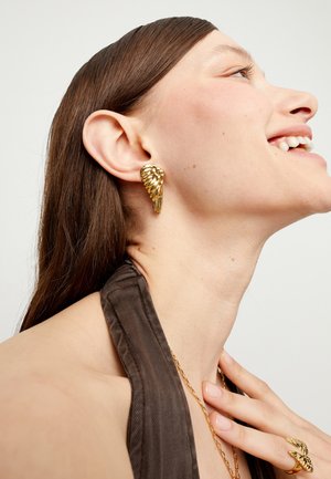 Pendientes dorados con forma de ala y detalles texturizados, usados por una modelo de cabello oscuro, mostrando un primer plano del área del oído y el cuello.