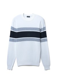 Maglione bianco con scollatura tonda, caratterizzato da strisce orizzontali in blu navy, grigio e grigio chiaro. Realizzato in materiale morbido e strutturato. Maniche lunghe.