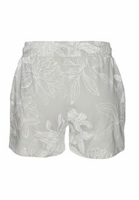 Světlé šedé šortky s bílým květinovým vzorem, s elastickým pasem a bočními kapsami, zobrazené zepředu na bílém pozadí.