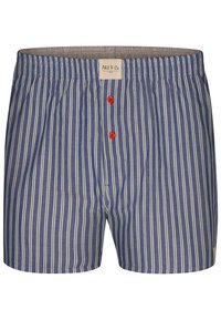 Boxers à rayures bleues avec des rayures vertes, dotés de boutons rouges, d'une taille élastique et d'un petit logo sur le bas à gauche.