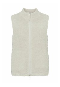 Cremefarbene, ärmellose Weste aus plüschigem, strukturiertem Stoff mit zentralem Reißverschluss und glatten Seitenpaneelen. Weiches und warmes Design.